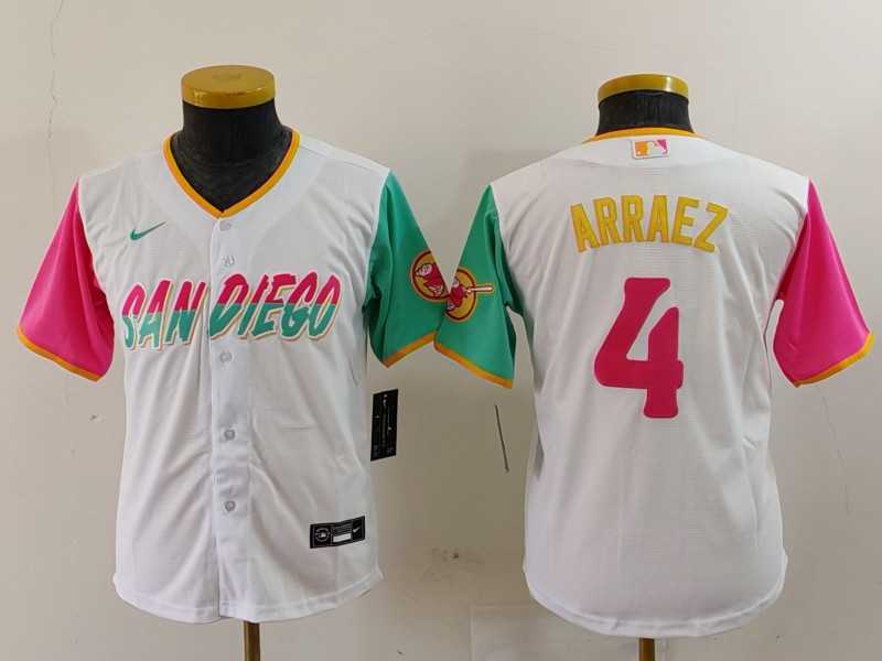 Youth San Diego Padres #4 Luis Arraez White 2023 City Connect Cool Base Stitched Jersey,We sell and wholesale Youth San Diego Padres #4 Luis Arraez White 2023 City Connect Cool Base Stitched Jersey on line form chian!